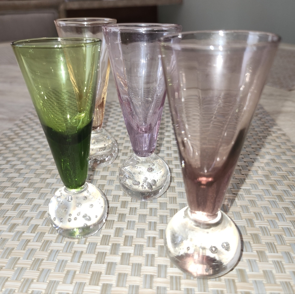 Murano-style multi-colored shot glasses with a bubble ball base